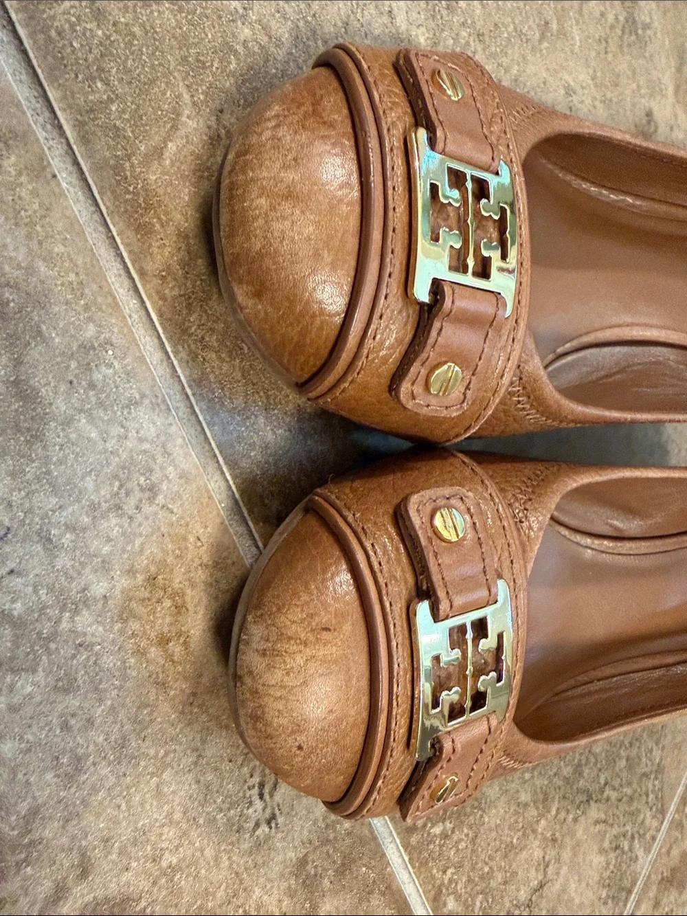 Tory Burch Cognac Leather Logo Cap-Toe Heels- worn on the front